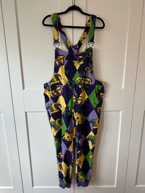 Unisex Mardi Gras Purple, Green & Yellow Jester Patterned Overalls, size XL